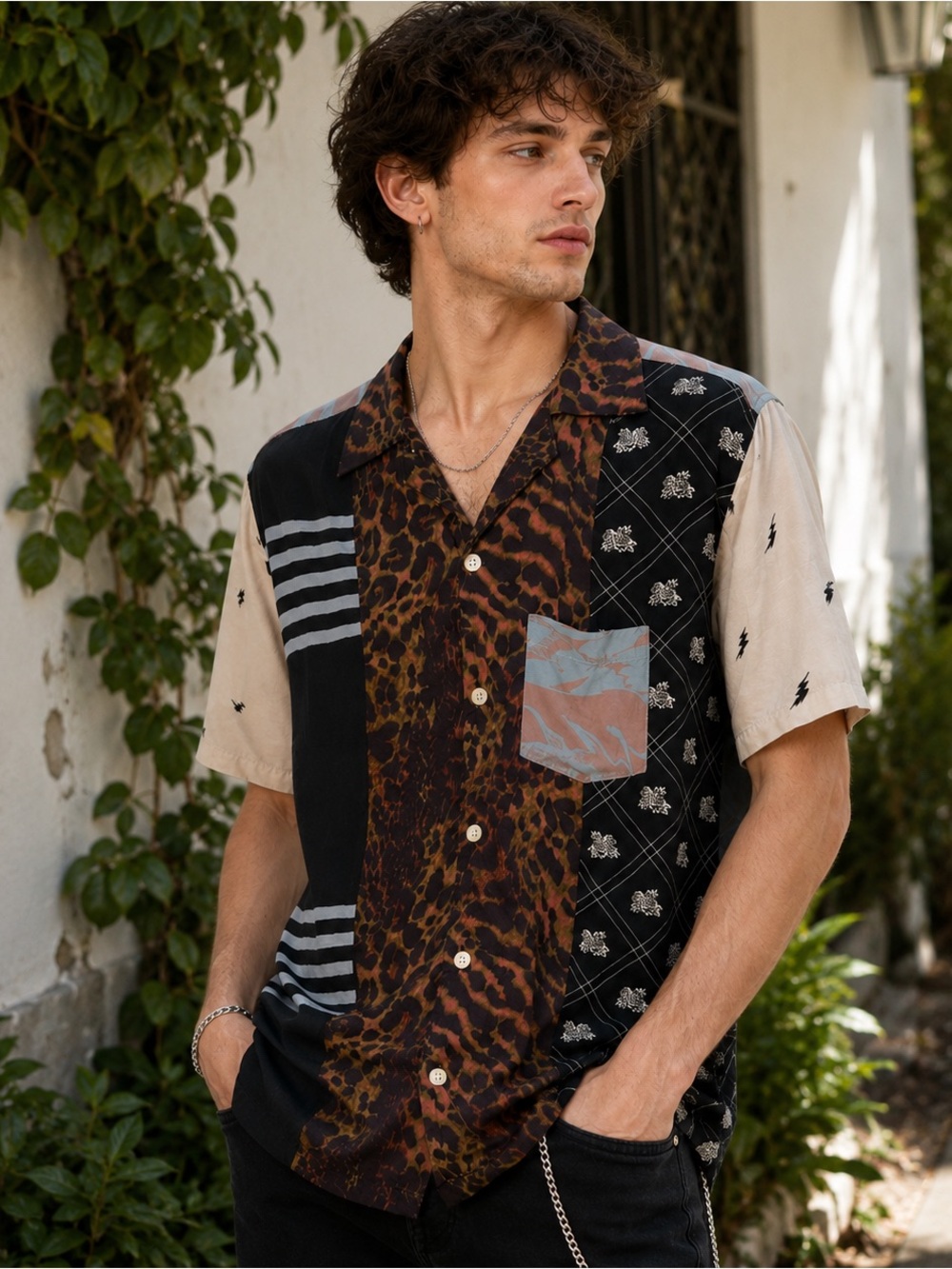 AllSaints Large Relaxed Fit Mixed Print Camp Collar Button Shirt Festival